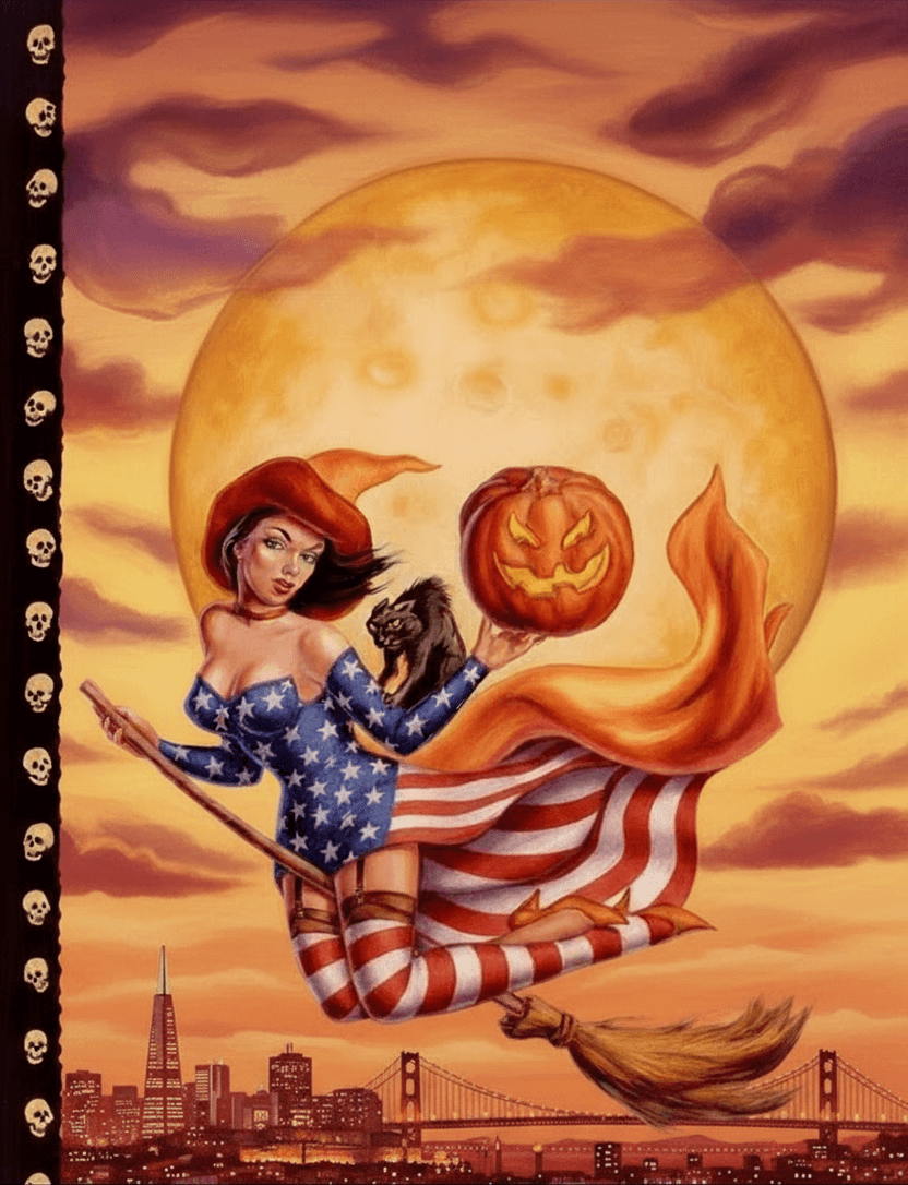 Vintage-style illustration of a witch with a black cat and a jack-o’-lantern in front of a full moon.