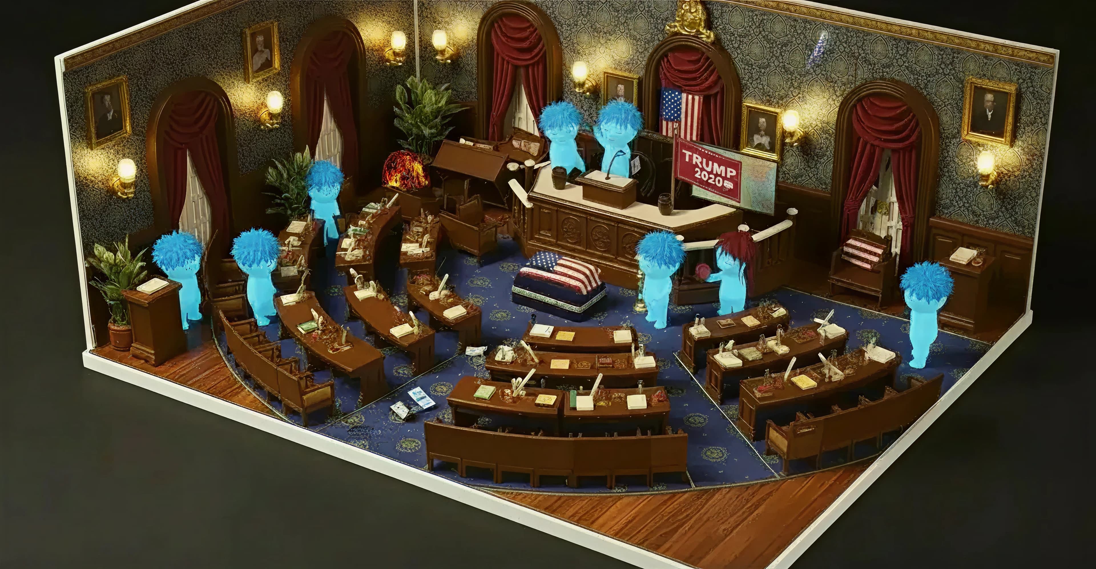 Blue Mundo figurines fill a miniature legislative chamber, standing among desks and on the speaker’s podium.